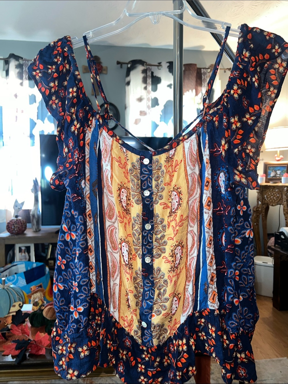 Patrons of Peace Navy and Yellow Printed Ruffle-Trim Button blouse
